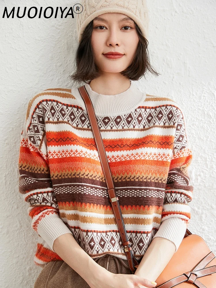 

Printed Retro Style New Fashion Loose Sweaters 2022 Winter Women 100% Goat Cashmere Knitted Jumpers Female Large Size Pullovers