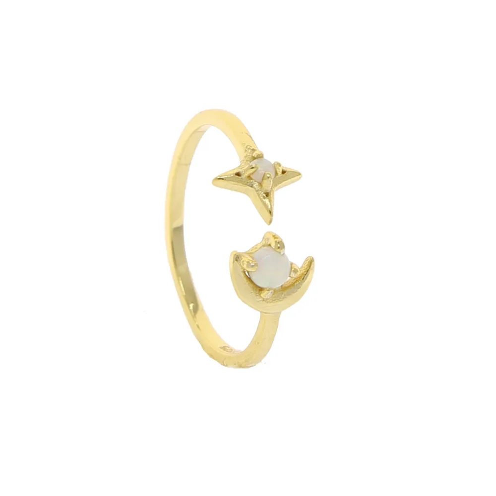 high quality 925 sterling silver cute moon star open adjust ring micro pave white opal stone fashion gold color dainty jewelry | Украшения