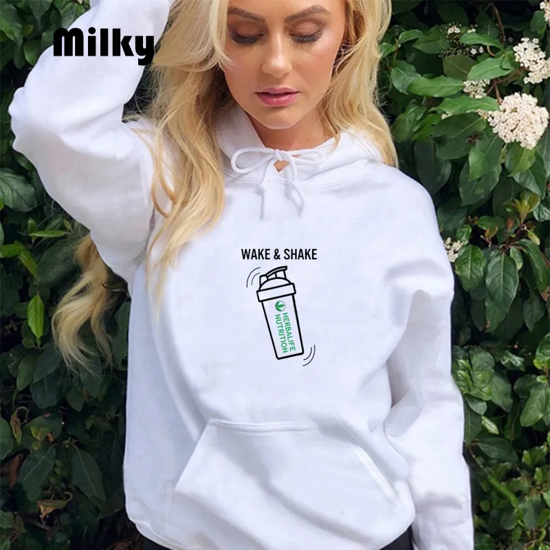 

Женская толстовка Wake & Shake Herbalife, забавные женские повседневные приталенные Топы с капюшоном в стиле Харадзюку, женские толстовки большого р...