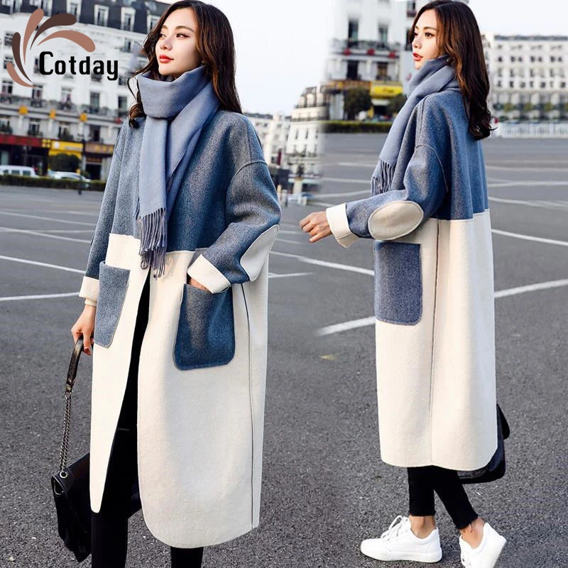 

Cotday Wool A-line Loose Joining Together Autumn Pockets Long 2020 Fashion Casual Open Stitch Winter Warm Women Woolen Coat