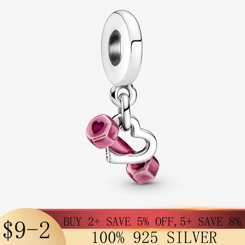 

100% Real 925 Sterling Silver Pink Dumbbell Love Charm Fit Original Pandora Bracelet&Bangle Making Fashion DIY Jewelry 2021 New