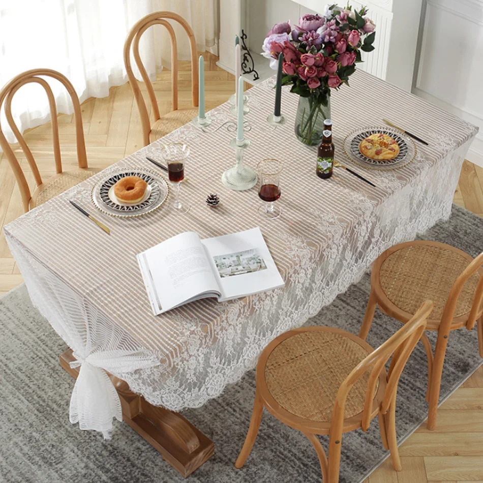 

European Style White Romantic Striped Mesh Lace Jacquard Square Dining Table Tablecloth Nordic Wedding Tablecloth Decoration