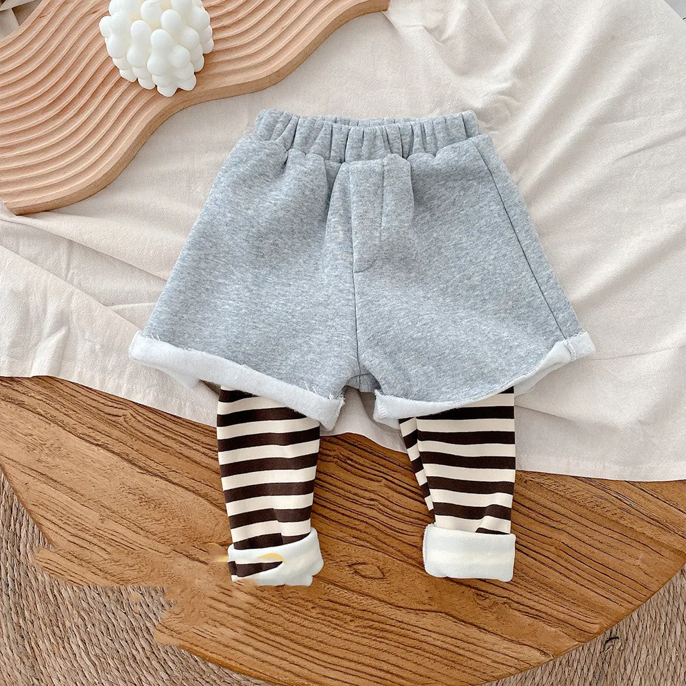 

Полосатые плюшевые бархатные облегающие брюки для девочек, плотные теплые повседневные леггинсы для маленьких девочек