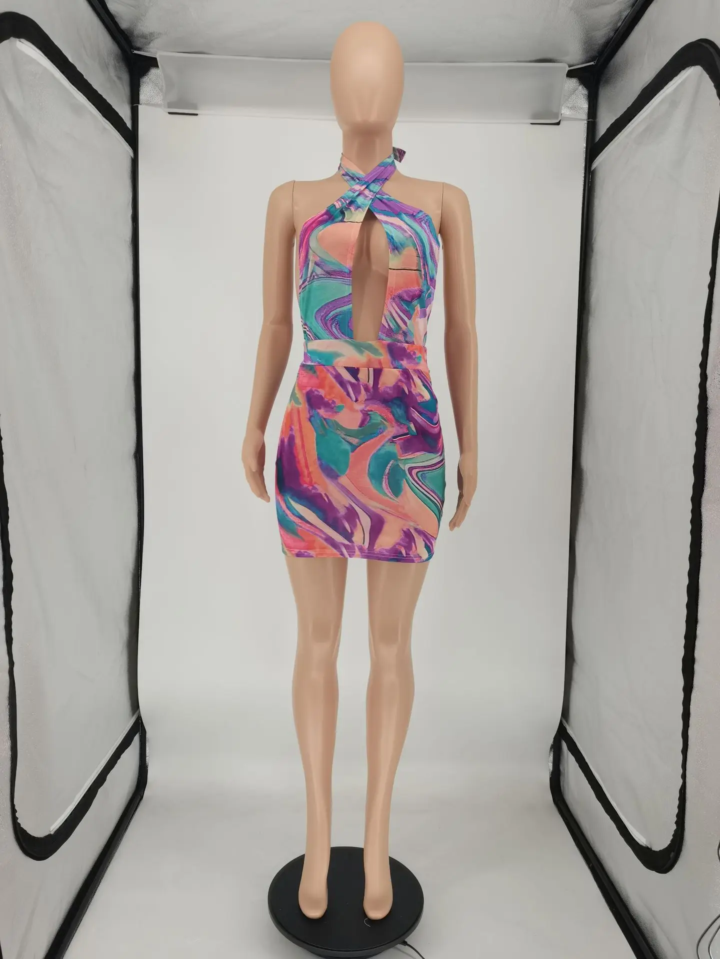 

Casaul Women Dress Halter Bandage Print Hollow Out Backless Streetwear Party Night Clubwear Vestidos