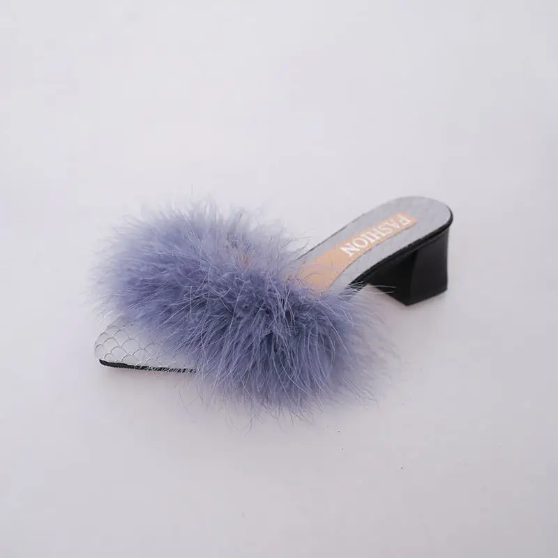 

Shoes Pointed Toe Plush Slippers For Adults Women Heels Slides Pantofle Square heel Med Cover Fur High 2021 Block Summer PU Rubb