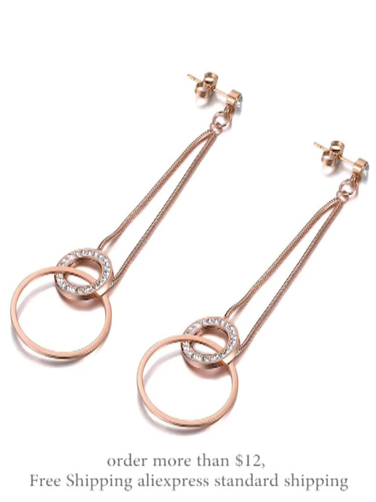 Lokaer OL Style Stainless Steel Double Circle Dangle Earrings For Women Trendy Rose Gold Rhinestone Anniversary E19046 | Украшения и