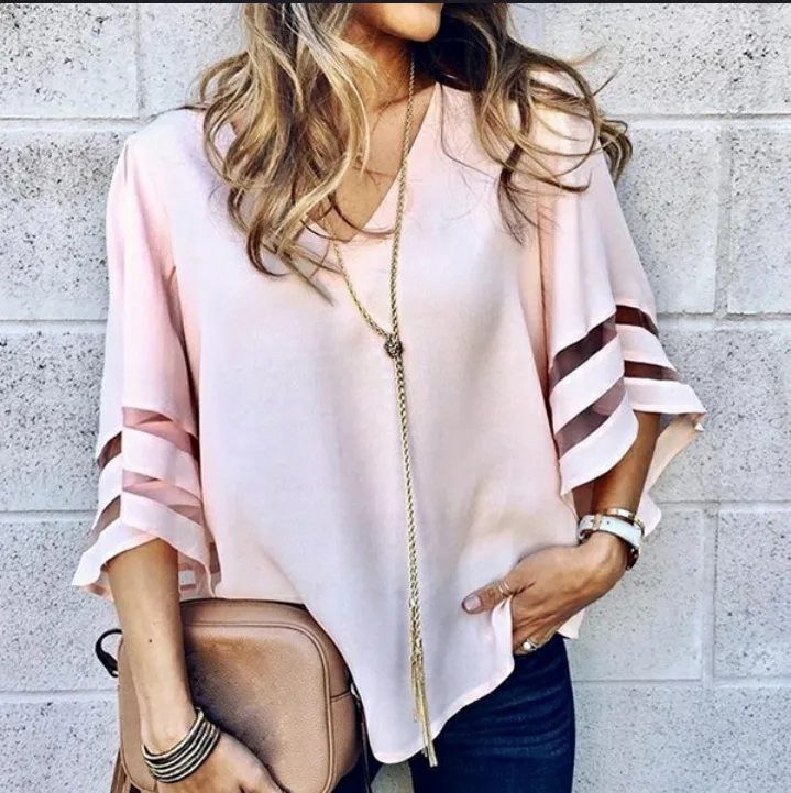 Шифоновая Блузка с рукавом летучая мышь сексуальная однотонная блузка v-образным