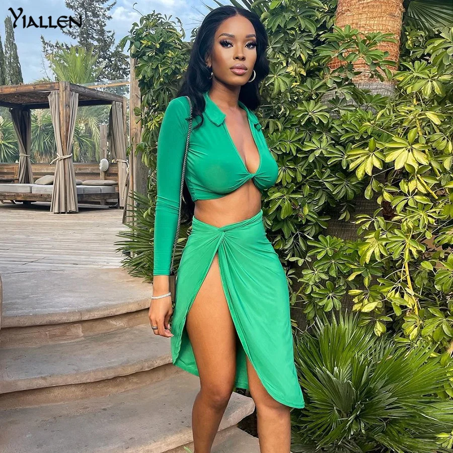 

Yiallen Autumn Fashion Slim Set Women Solid Sexy Long Sleeve Crop Top And High Waist High Split Long Skirt Outfits Lady 2pcs Set