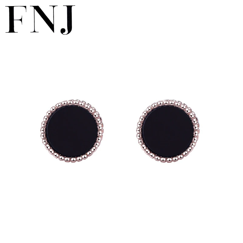 

FNJ Round Earrings 925 Silver Jewelry Original Pure S925 Sterling Silver Stud Earring for Women Green malachite Black Red agate