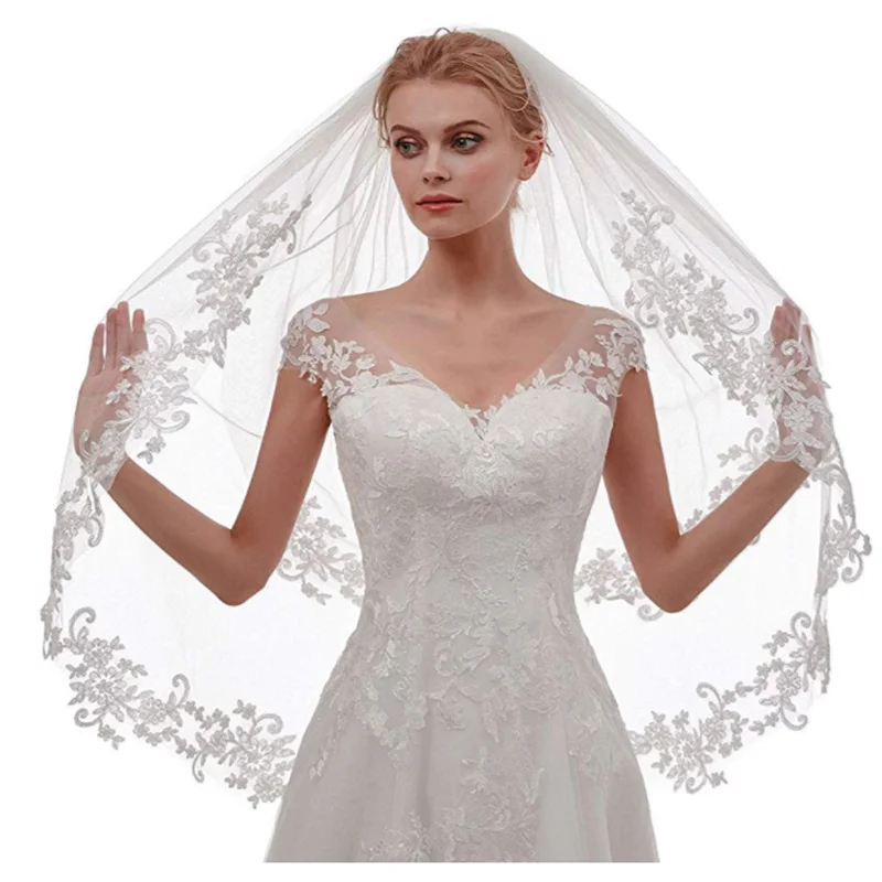 Красивая кружевная боковая инкрустированная Цветочная свадебная вуаль для