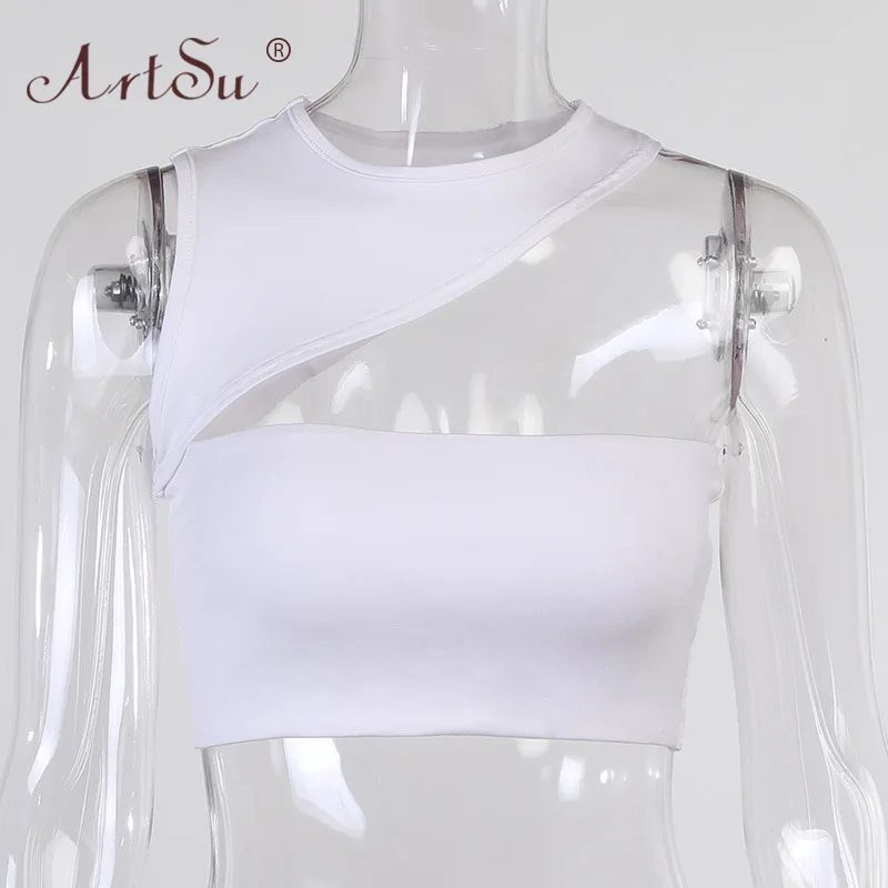 

ArtSu 2021 Summer Choker Halter Sexy Women Girls Vest Crop Top Skinny Black White Tank Tops Hot Cut Out One Shoulder Club Top
