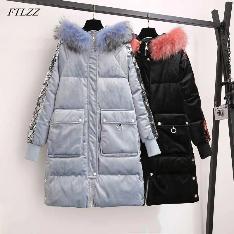FTLZZ зимние парки на белом утином пуху с блестками бархатное длинное пальто