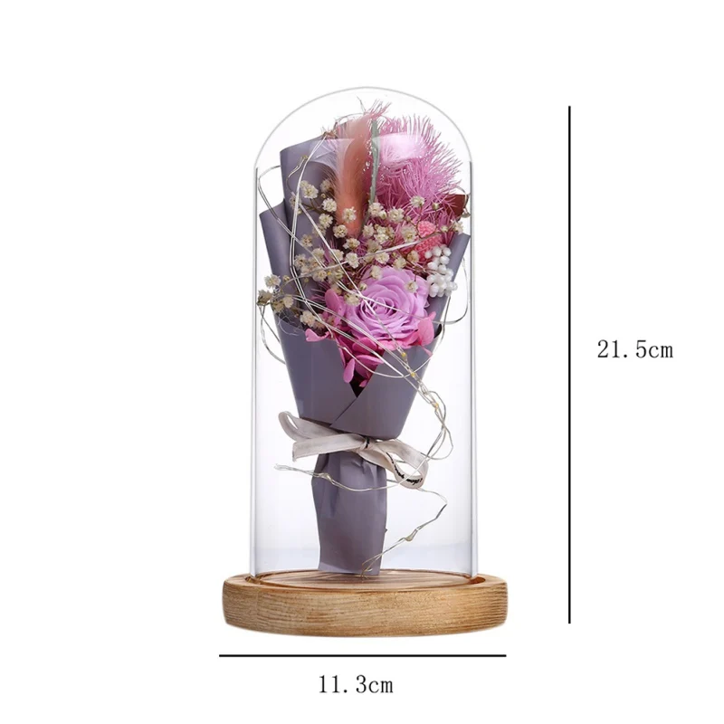 

Romantic Valentine's Day Gift Rose Bouquet With Glass Cover And LED Night Light Couple Gift Battery for Wedding Party Home Decor
