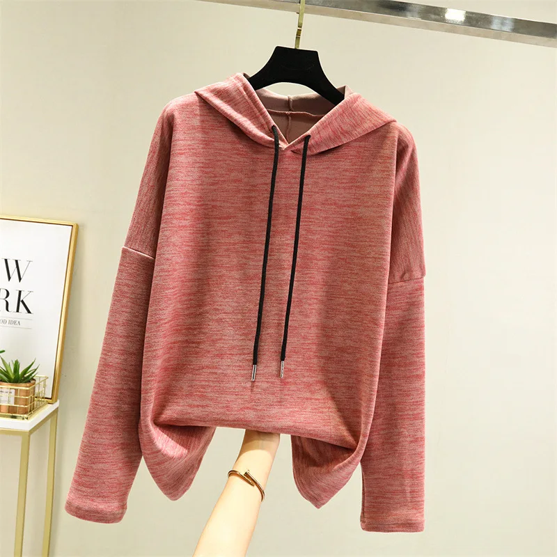 Derong Long Sleeve T-shirt Women's Autumn and Winter Loose Plush Thickened Hoodie Large Casual Versatile Warm Top Thermal  Tops