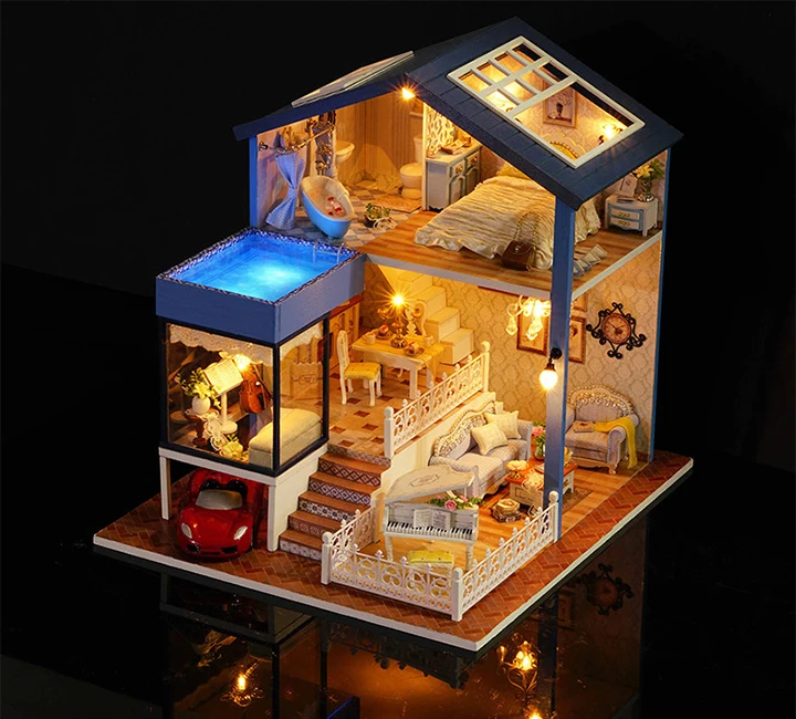 Muñeca casa miniatura DIY casa de muñecas con muebles de casa de madera juguetes para niños Regalo de Cumpleaños A066