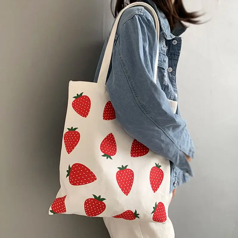 

Корейская холщовая школьная сумка с принтом клубники, портмоне на одно плечо, Холщовая Сумка-тоут