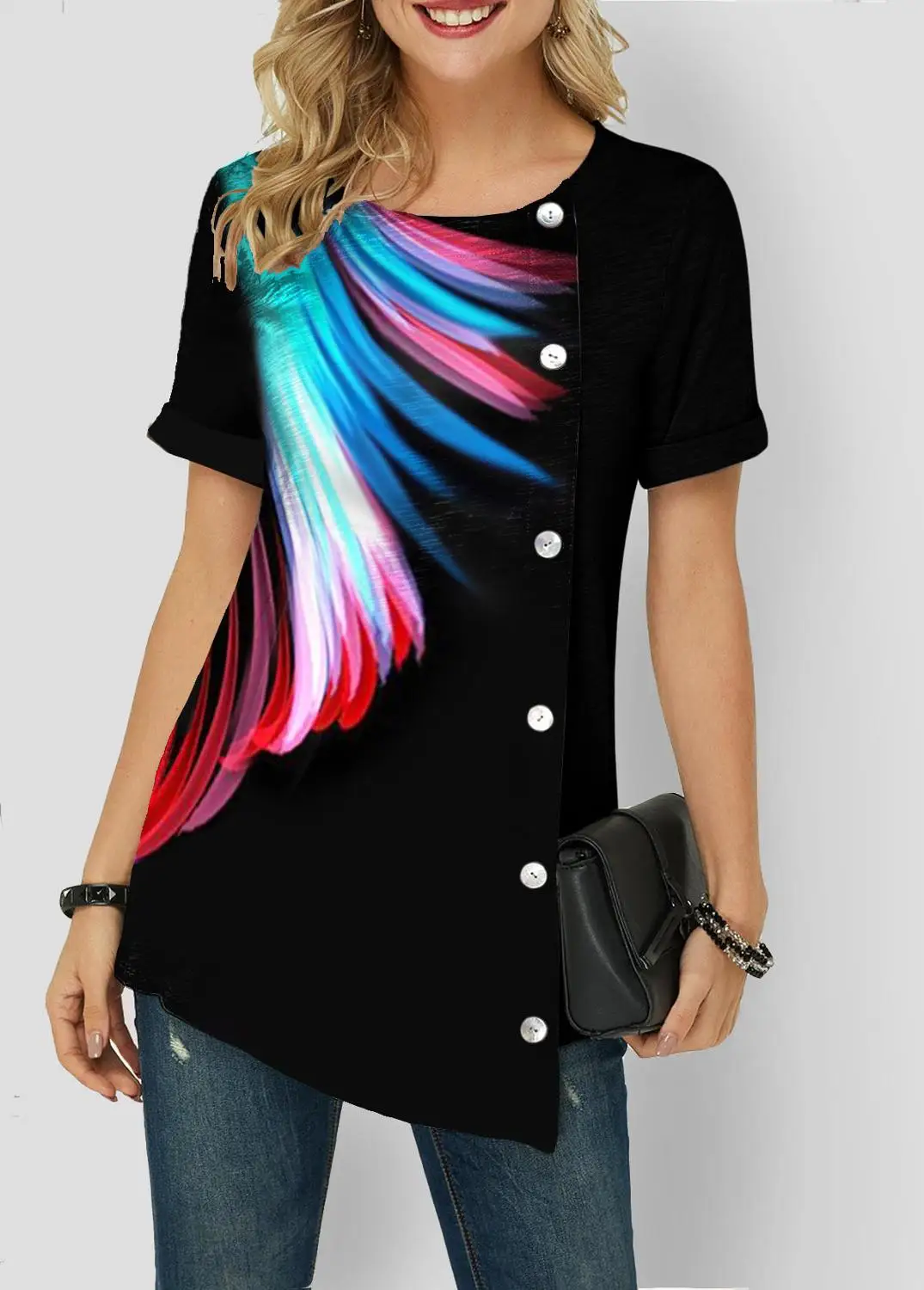 Цветной Перья печати рубашки с коротким рукавом для женщин летние футболки