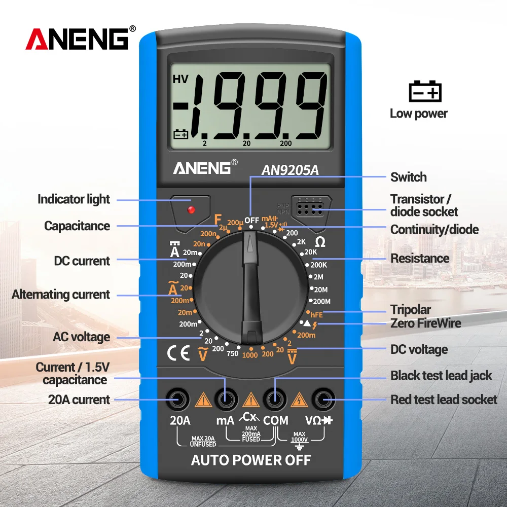 Blue Dt9205A + Digital Multimeter Ac/dc Professional Transistor Tester Electronic Ncv Auto Range Ture Rms | Инструменты