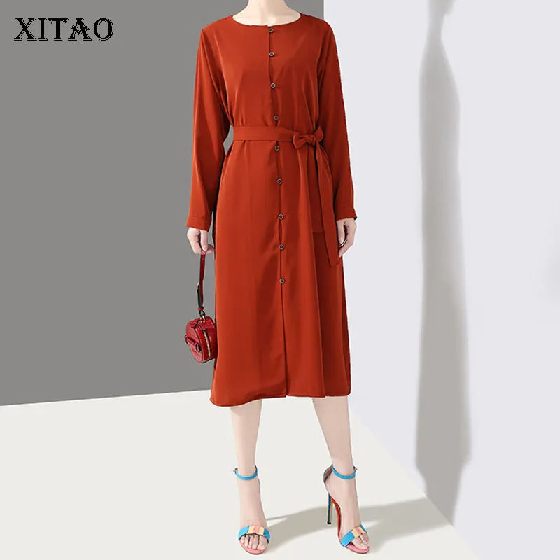 [XITAO] Повседневное платье с круглым вырезом длинное однотонное облегающее
