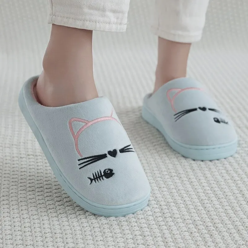 Women Winter Home Slippers Cartoon Cat Shoes Non-slip Soft Warm House Slippers Indoor Bedroom Lovers Couples Shoes