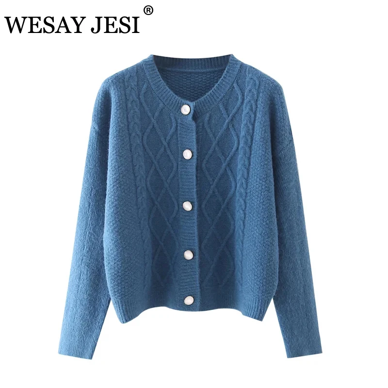

WESAY JESI Women Clothes Casual Single-breasted Cardigan Sweater TRAF ZA 2021 Loose Knitted Tops Twist Pattern Sweater Outerwear