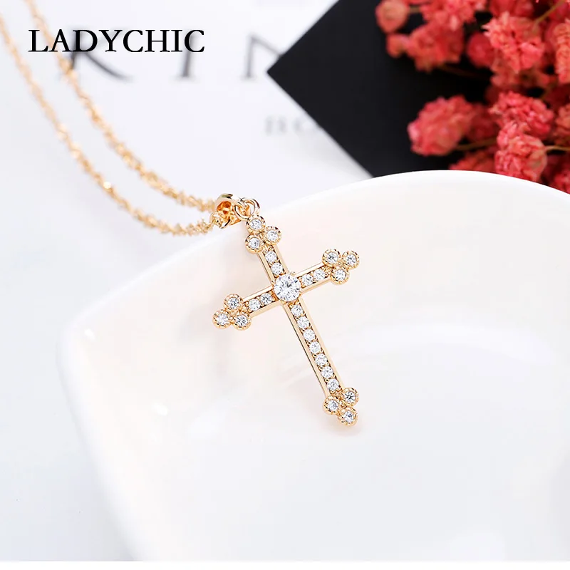 LADYCHIC, классическое золотое ожерелье с кулоном в виде креста, покрытое цирконием класса AAA, Изящный Цветочный крест, ювелирные аксессуары LN1089