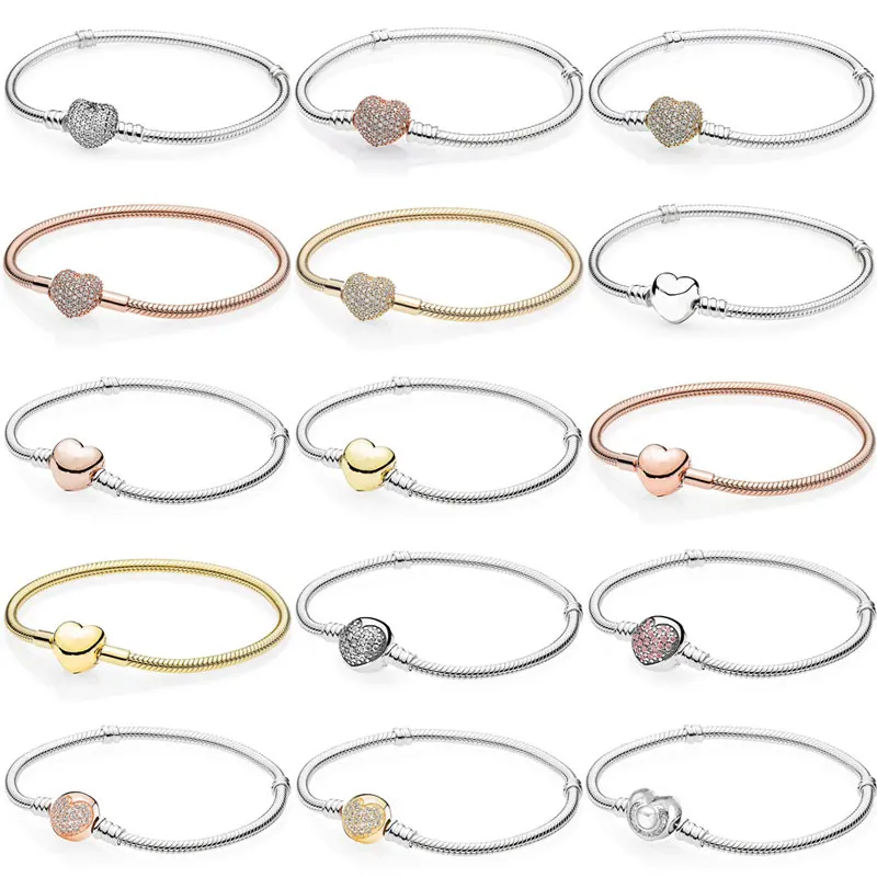 

Original Rose Moments Pave Wishful Heart Clasp Snake Chain Bracelet Fit fashion Bangle 925 Sterling Silver Charm DIY Jewelry