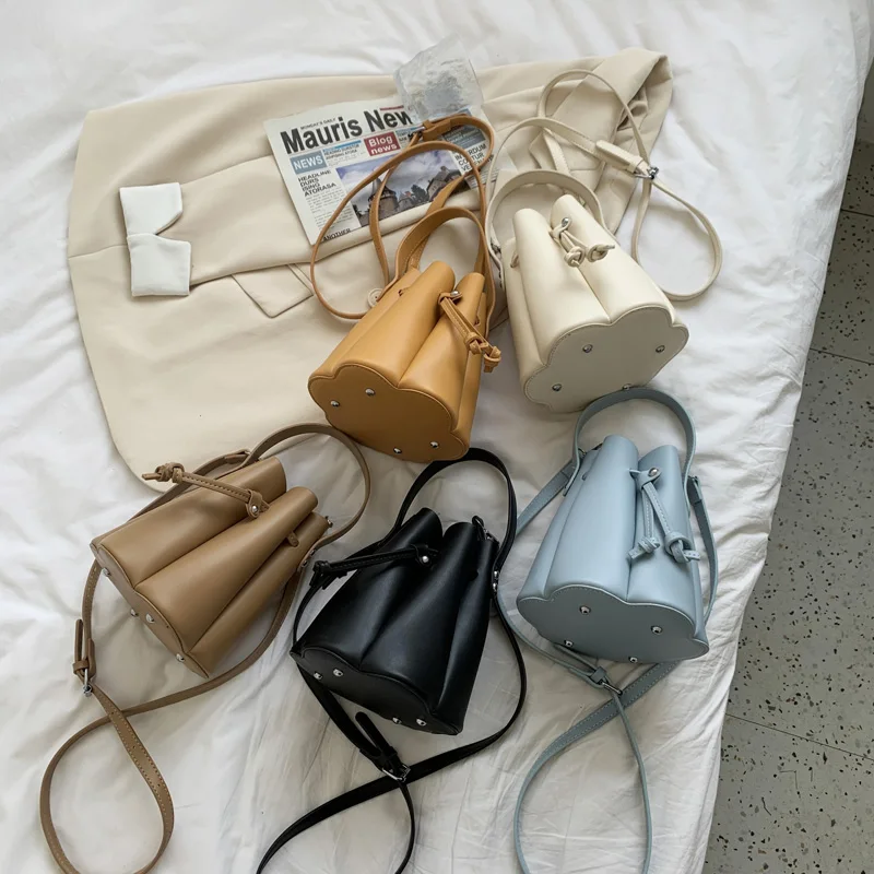 

Mini Bucket Bags For Women 2021 Branded Designer PU Leather Tote Shoulder Crossbody Bag Fashion Solid Handbag Purse