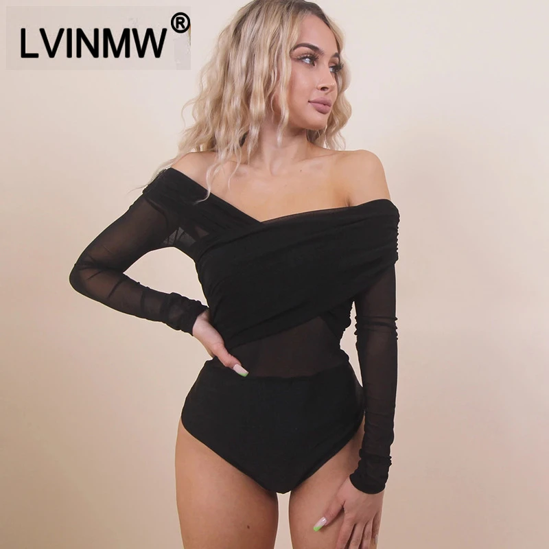 Женское прозрачное боди LVINMW черное Сетчатое облегающее с открытыми плечами и