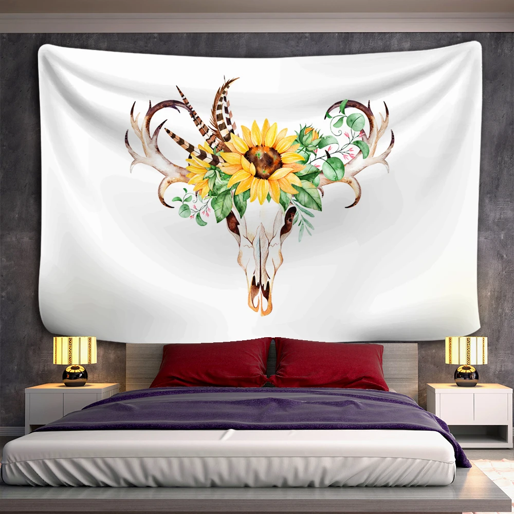 Простой мультяшный олень гобелен с изображением скелета Подсолнух перо узор