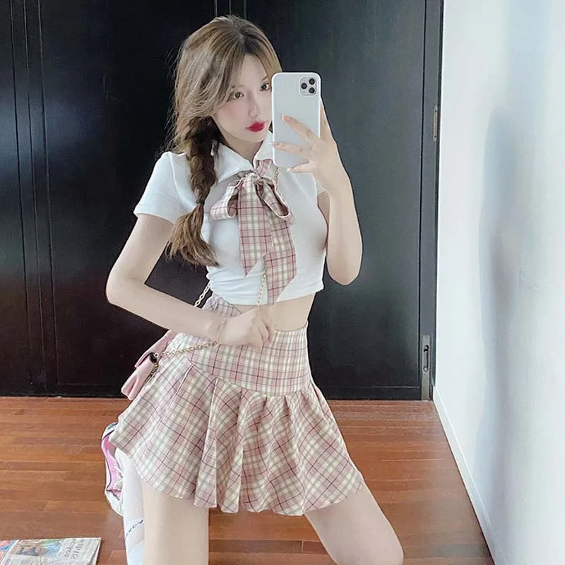 

Summer Two-Piece Set Suit Japanese Fashion JK Uniform Plaid Kawaii Bow White Shirt + Cute Pleated Mini High Waist Skirt Vacation