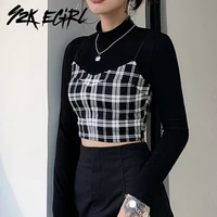 y2k egirl gothic matching 2 piece plaid cami and black crop tops vintage stand neck long sleeve t shirt streetwear harujuku fall