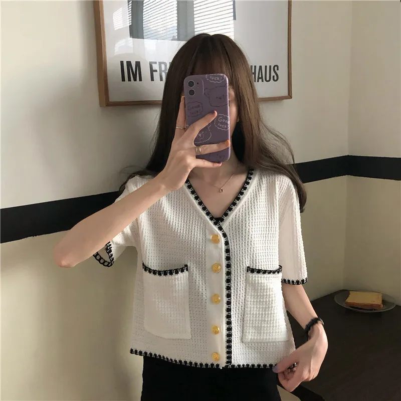 

Cardigan Women V-neck Knitwear Crop Tunic Short Sleeve Summer Korean Style Panelled Sweaters Open Front All-match Leisure Daily
