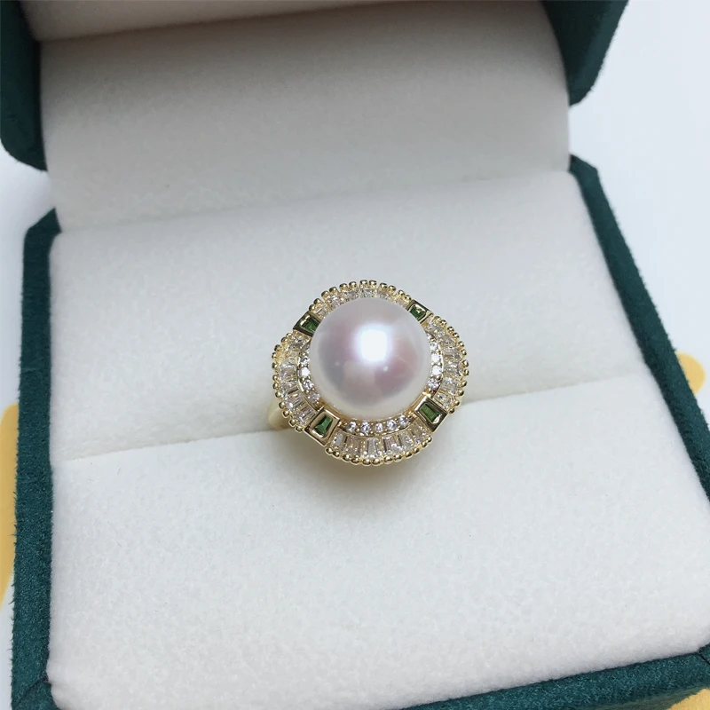 ЖБОРУИНИ Кольцо с круглой жемчужиной, инкрустированное бриллиантами и покрытое золотом 14К, изысканное, элегантное, с изумрудно-зеленым цирконом, натуральные украшения для женщин, подарок.