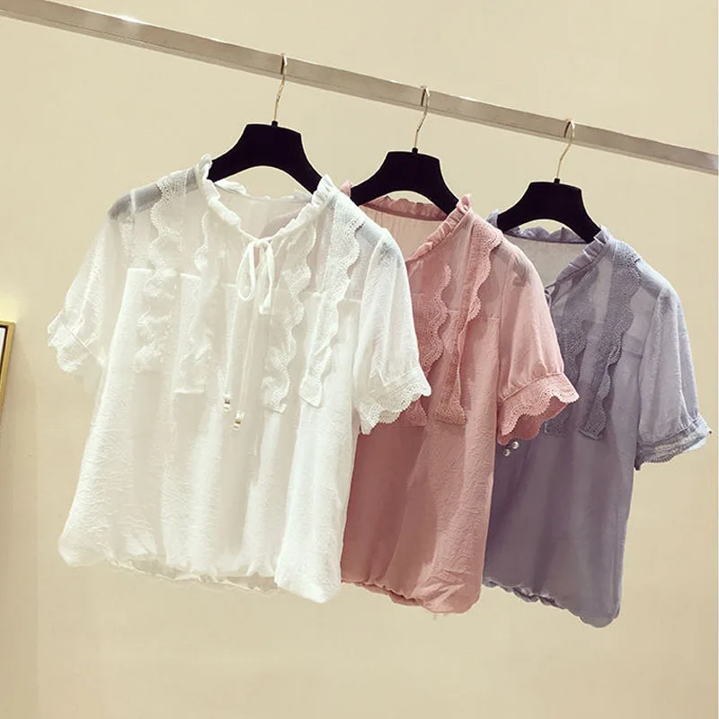 Женская шифоновая блузка с кружевом однотонная тонкая Свободная коротким