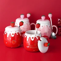 cute strawberry coffee mug with lid and spoon ceramic breakfast milk yogurt dessert coffee cup kawaii cups for girl woman gifts