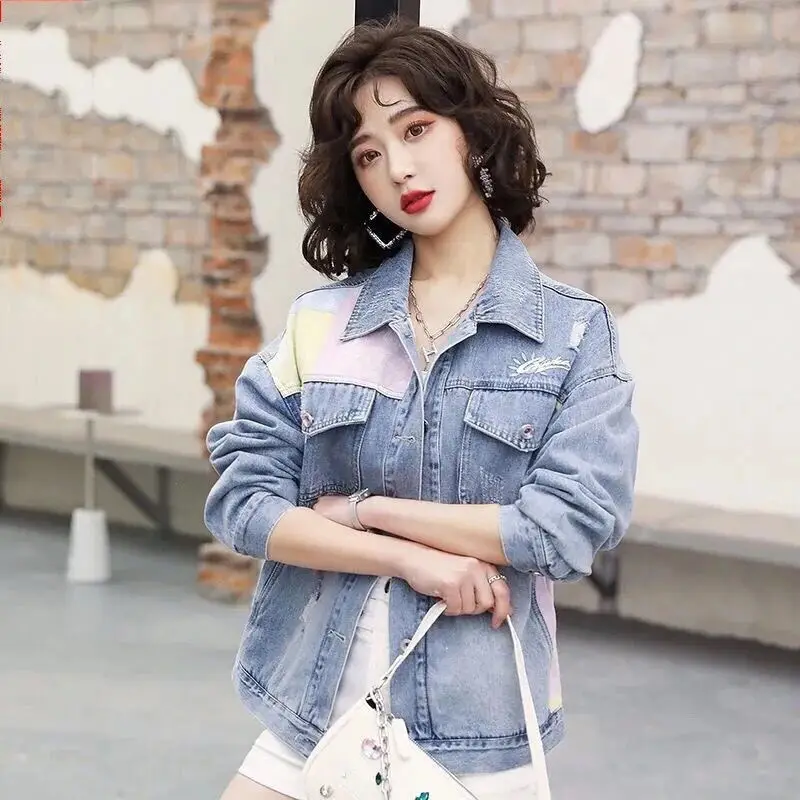 Женская джинсовая куртка новая свободная в Корейском стиле с красным принтом