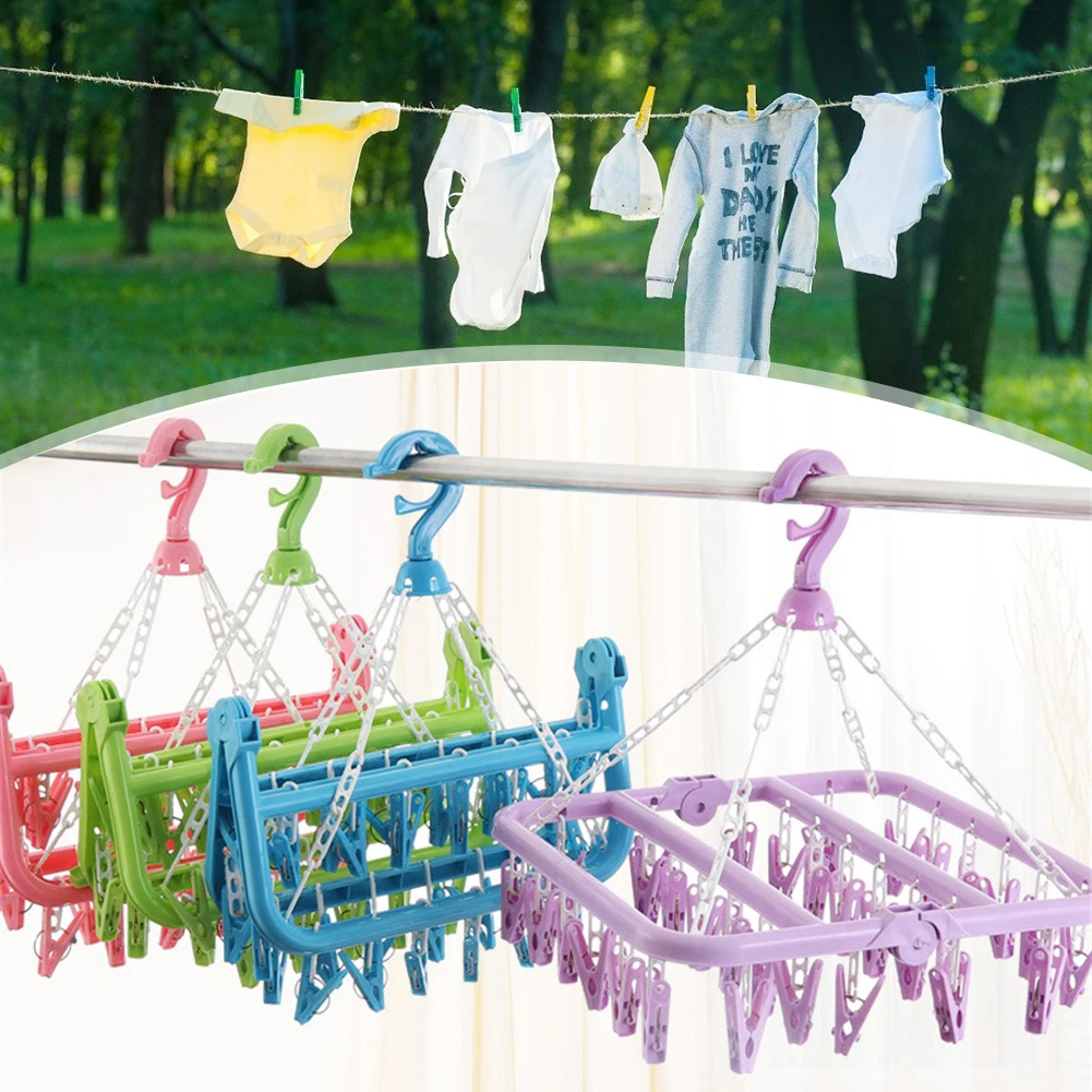 

32 Clip Household Multi-clip Clothes Hanger Folding Clip Hanger With 32 Drying Clips Multifunctional Plastic Drying Rack