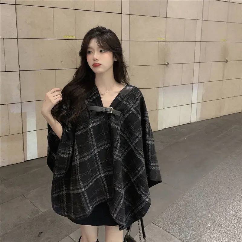 

Black plaid woolen coat women 2021 spring new mid-length Harajuku Korean style shawl cloak coat women korean coats women