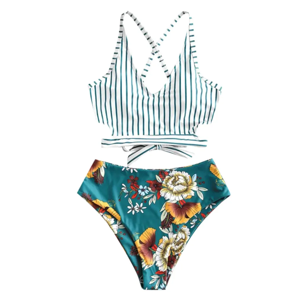 Женский купальник бикини с высокой талией и цветочным принтом на шнуровке| |