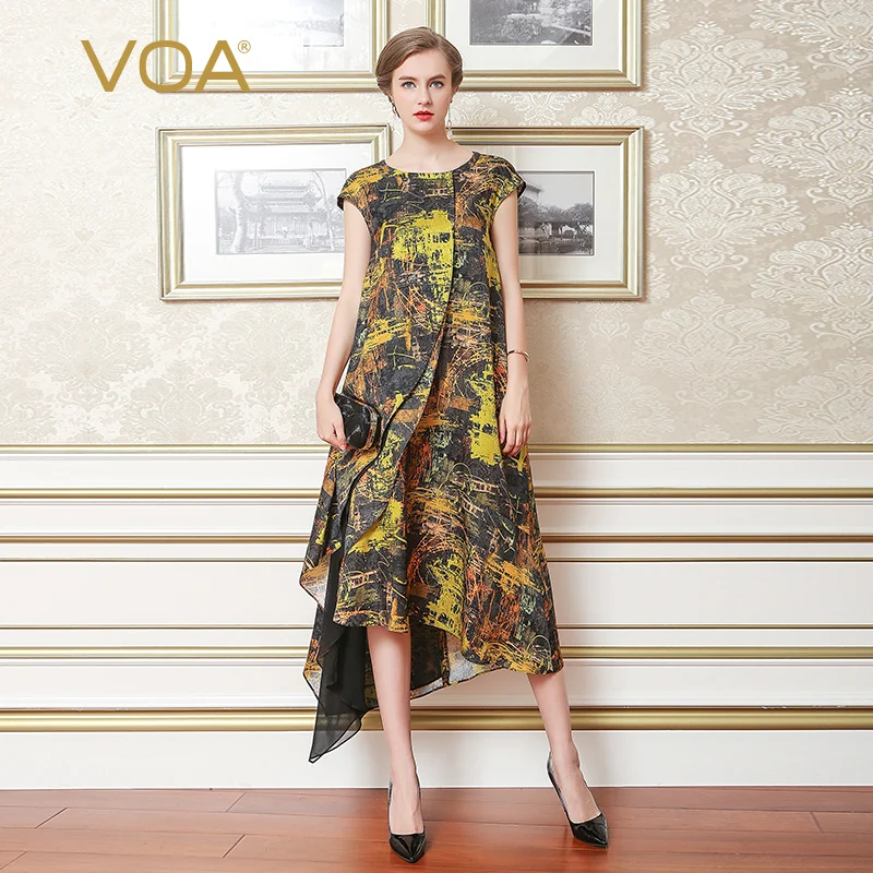 Женское двухслойное платье VOA длинное с принтом из шелка и коротким рукавом