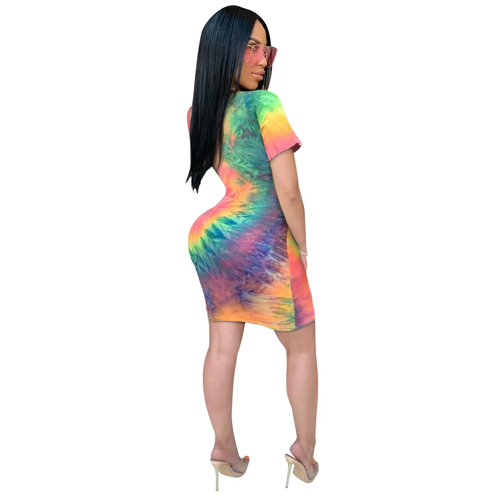 

Rainbow Tie Dye Print Women Party Dresses Vintage High Waist Short Sleeve Skinny Dress Summer Female Above Knee Club Party Dress
