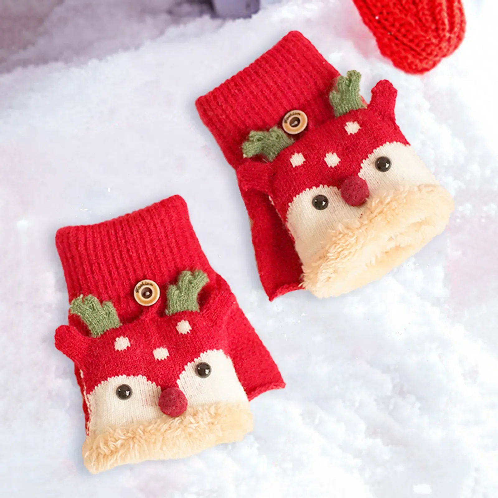 

2021 New Children Winter Gloves Warm Casual Christmas Knit Cute Pattern Mittens Plus Velvet Flip Fingerless Multifunction Glove