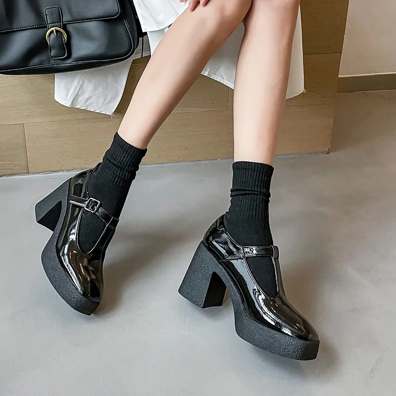 Женские туфли с Т-образным ремешком на толстом высоком каблуке 2021 | Обувь