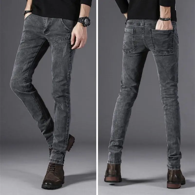 Summer Thin Stretch Jeans Men's Slim Fit Skinny Pants Korean Casual Retro Snowflake Pants Men's Fashion Skinny Jeans Men Gray