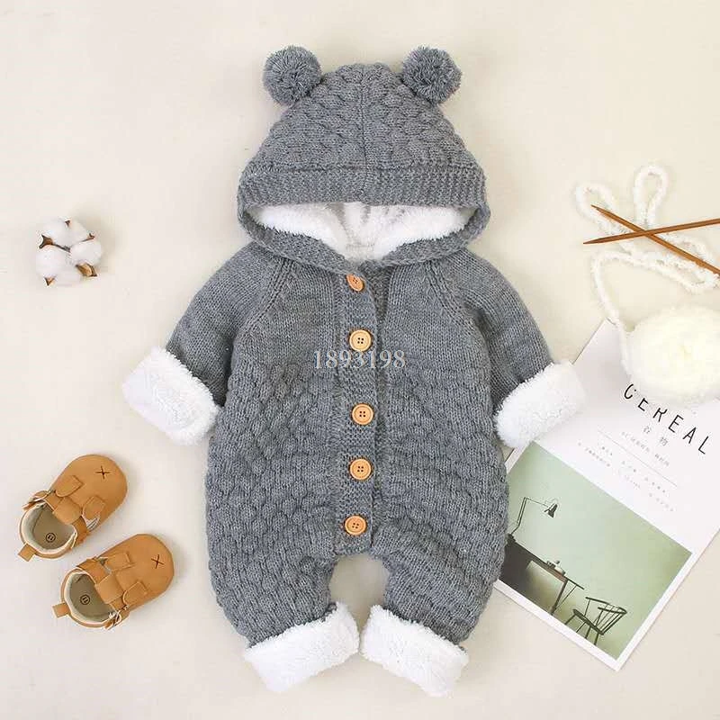 Baby Winter Thick Warm Rompers Clothes Knitted Newborn Boy Girl Sweaters Jumpsuits Infant Bebes Hooded Plus Velvet Romper | Детская