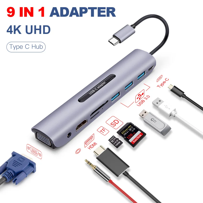 Адаптер 9 в 1 type c на hdmi 4K адаптер типа vga usb tf sd карта с 3 5 мм аудио AUX разъем PD