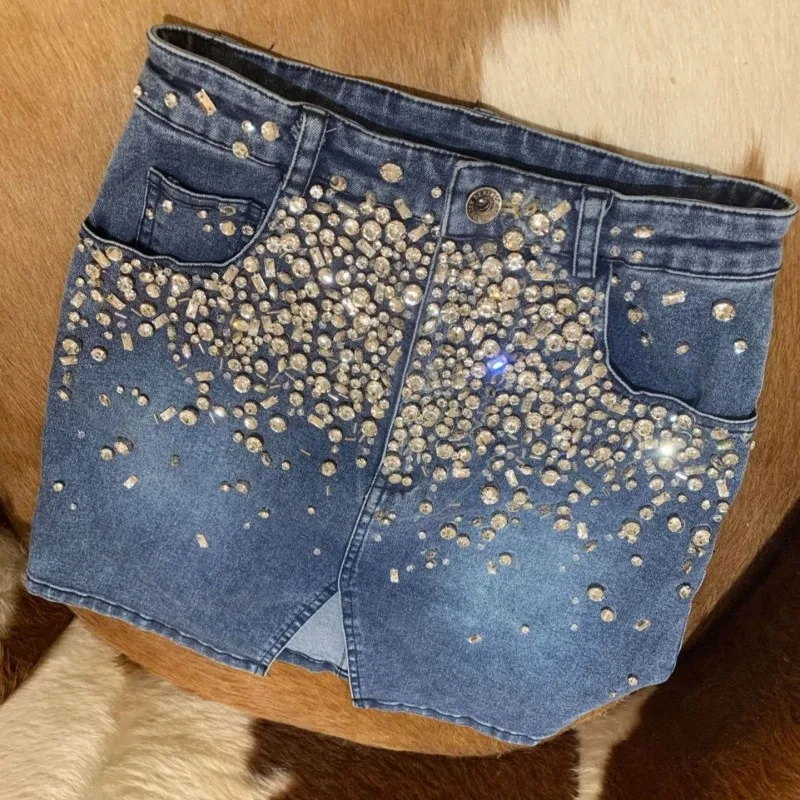 High Quality Denim Skirt Women Design Luxury Diamonds High Waist A-Line Split Skirts Office Ladies Sexy Slim Fit Wrap Mini Skirt