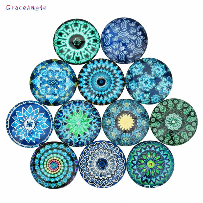 

10pcs MIx Blue Bohemia Cabochon 10-25mmEarrings DIY Bracelet Charms Cameo Vintage Glass Jewelry Accessories Flower Pattern Photo