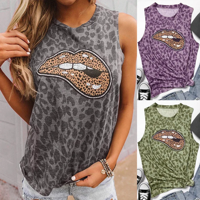 

Vest Tank Tops Shirt 2020 New Summer Women Fashion Camouflage Leopard Lips Printed Round Neck Harajuku Casual Sleeveless T-shirt